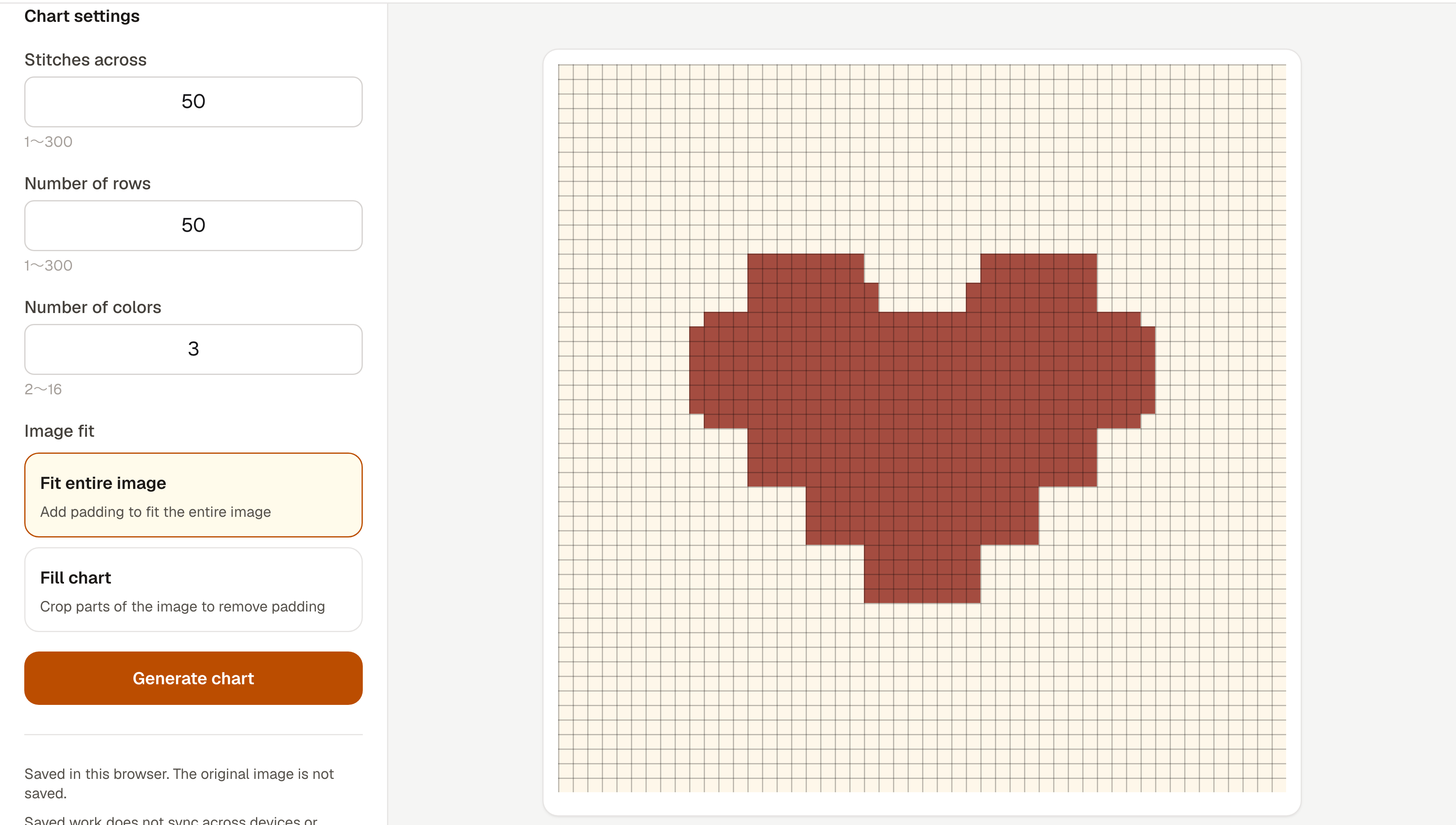 The editor with a photo loaded and settings of 50 stitches, 50 rows and 3 colors